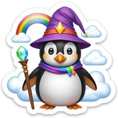 Penguin wizard in a cloud asking "What is rainbow connection?" sticker