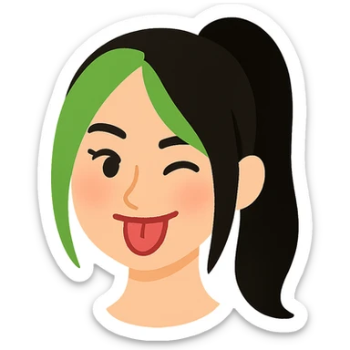 Create a soft cartoon face of Billie Eilish's head with simple features, in the style of the reference image. Use green and black hair. No background. sticker