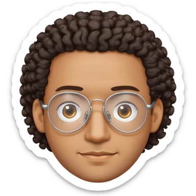 Latino man with oval face, clear lens aviator glasses with metal frames, bald sides with curly hair on top, friendly expression, brown skin, black shirt sticker