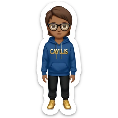 Brown hair with black glasses and lends have black and a dark blue hoodie that says caylus kingdom with black pants and a gold chain  sticker
