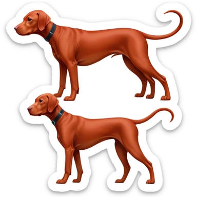 cinematic-[Vizsla-realistic-full-body-standing-emoji,-tail-resting-loosely-beside-its-paws,-head-tilted-dramatically, -sleek-[red]-fur,-simplified-yet-realistic-focused-features,-highly-detailed,-glowing-with-an-almost-sarcastic-glow sticker