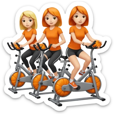 Girls wearing pumpkin t-shirts while riding exercise bikes sticker