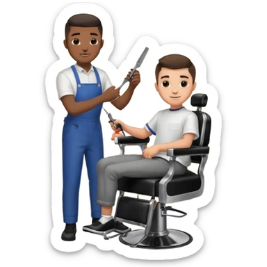 Barber cutting boys hair. Show the boy sat in black barber chair and both having smiles on their faces sticker