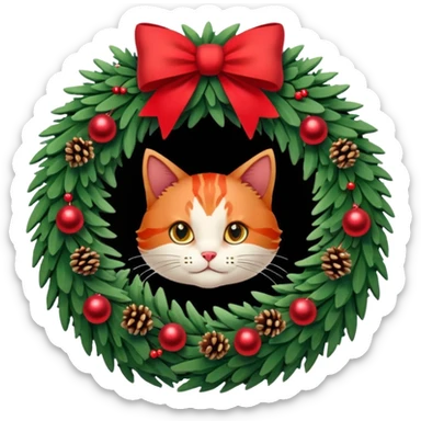 A Christmas wreath made entirely of fir trees, decorated with a red bow at the bottom, pine cones and Christmas tree balls, and a cat poking its face through the hole in the center. sticker