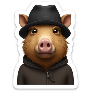 Sad brown boar with stubble in a black winter hat sticker