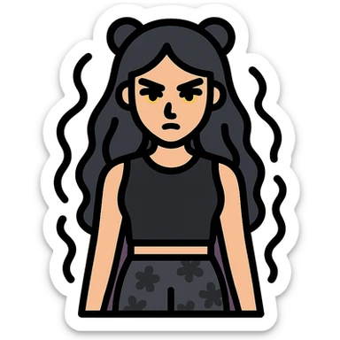 gothic female fighter with long flowing black hair, sharp intense eyes, small black bear ears, sleeveless black ritual robe top, gray combat shorts with dark floral pattern, quiet but commanding presence, soft dark aura sticker