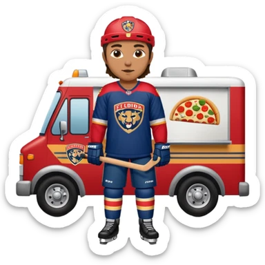 The galaxy with a with a Florida Panthers player
With a taco truck and a pizza truck with a house
With a museum behind it that has football players sticker