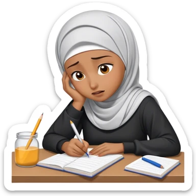 hijabi student doing homework looking stressed, suffering and crying sticker