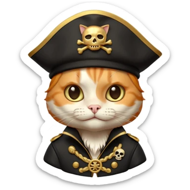 Premium 3D emoji icon of a cute ginger cat pirate, wearing a **pristine white** satin pirate hat with a gold skull icon, and a black and gold captain's jacket. Glossy finish, claymorphism style, soft studio lighting, isolated on white background, 8k resolution, stylized professional look --v 6.0 sticker