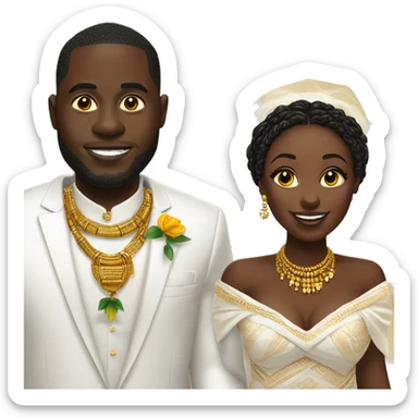 Ghanaian bride and groom. Gold jewelry with white off shoulder dress. Kente Cloth sticker