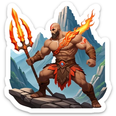 An icon showing a powerful warrior wielding a weapon, inspired by God of War: Ragnarok. The design captures the character’s strength, with dynamic motion lines. A fiery, mythological background with mountains and ruins enhances the epic atmosphere. Transparent background. sticker