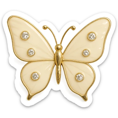 single ivory white butterfly, creamy white enamel, sparkling gems, transparent background sticker