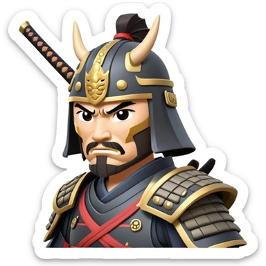 clash-of-clans-aesthetic_-cinematic-fearsome-and-majestic-samurai-bust-portrait-emoji, rendered in a flat, vector-style with minimal shading and bold, simplified shapes typical of emoji art, depicting a battle-hardened samurai with steely eyes and traditional black Japanese armor, riding a noble grey warhorse adorned with an intricately designed saddle and fluttering banners, against a backdrop of cherry blossoms and a rising sun. sticker