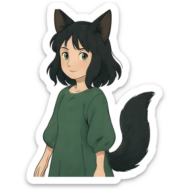 a girl with black fox ears and a tail, green eyes, dark hair sticker