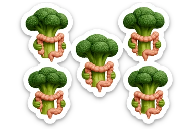 broccoletti stile emoji iphone fluttuano in aria stringendo in mano un pezzo di colon intestinale, iperrealistico 4k sticker