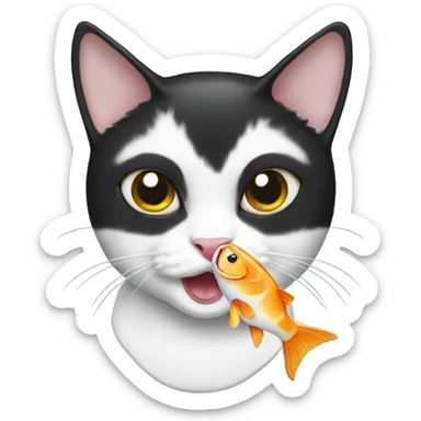 Tuxedo cat holding a fish in mouth sticker