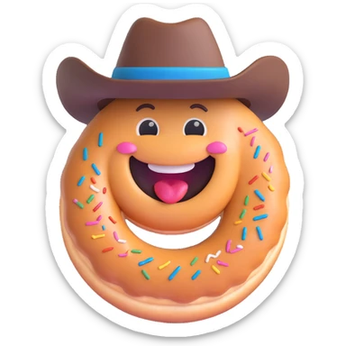 doughnut with a wide smile and a classic cowboy hat, fun emoji style sticker