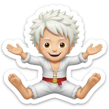 Create a joyful cartoon-style emoji of Luffy as a laughing character with wild, fluffy white hair and a glowing white outfit. The character should have a big open smile, one hand on its face in laughter, and be in a dynamic mid-air pose with bent legs, as if carefree and floating. sticker