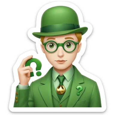 The Riddler villain from Batman with green suit, question mark symbols, bowler hat sticker