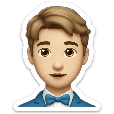 A young male tennager with a beauty spot on chin with a round face and very short brown hair and a mole on chin wearing a blue bow tie sticker