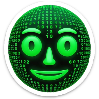 Futuristic 3D emoji made of glowing green Matrix code, digital rain background, cyberpunk neon glow, dark black backdrop, minimalist rounded face, high contrast, cinematic lighting, ultra-sharp, high resolution. sticker