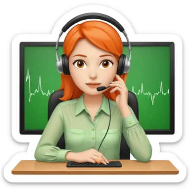 a woman sitting in the office, wearing a blouse and a headset. she is controling the limits on screen. green = ok, orange = am Limit, rot = überschritten sticker