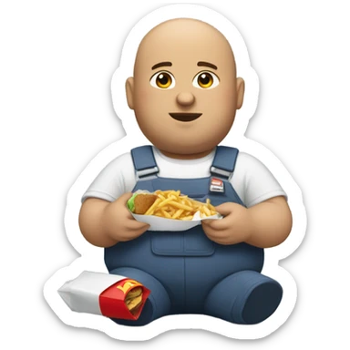 Fat brunette bald mechanic eating McDonald’s sticker