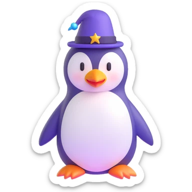 3D emoji of a penguin wizard, with a shiny hat and magical effects sticker
