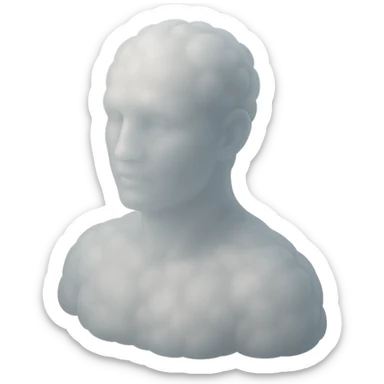 person looking straight, fully made of white fluffy convex clouds, shoulders up, matte glass style sticker