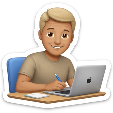 middle aged man looking at laptop and writing and smiling sticker