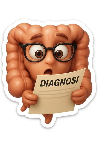 EMOJI STILE IPHONE DI UN INTESTINO CON GLI OCCHIALI CHE LEGGE UN FOGLIO CON LA SCRITTA DIAGNOSI, ESPRESSIONE STUPITA IN VOLTO, IPERREALISTICO 4K sticker