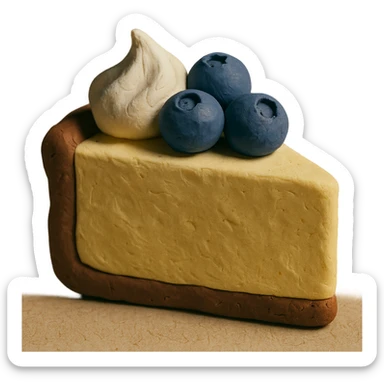 3D claymation cheesecake slice, chocolate crust, topped with blueberries and whipped cream, visible fingerprints, pastel colors sticker
