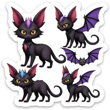 Black edgy Noivern-Noibat-Purloin-Torracat-Lykoi-Caracal-cat-Fakemon-fusion-hybrid-creature with bat wings on head as ears, big fangs, gothic markings sticker