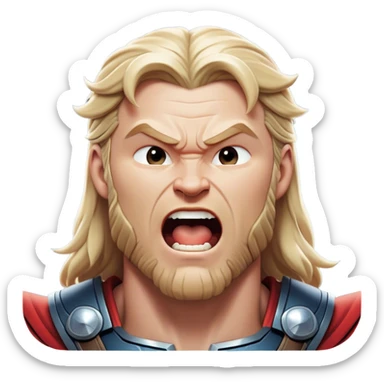 Cinematic Realistic Thor Portrait, head tilted slightly with a dramatic, wide-open yawn, revealing a relaxed yet powerful presence. The natural interplay of light accentuates his muscular contours and tender expression, balancing his legendary might with an unexpectedly human moment of repose. sticker