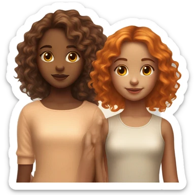 serene two girls. one has wavy brunette hair and the other has natural soft orange hair delicate fringe. standing together holding hands in gentle light. calm and content. hyper-realistic soft textures fine details glow on skin sticker