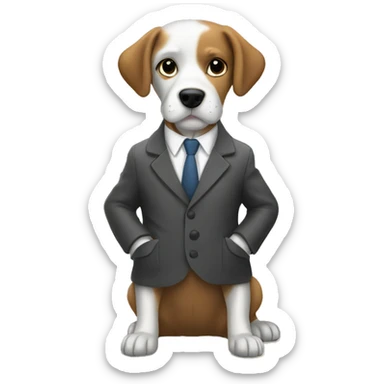 Dog in a suit and coat stealing bones from the pet store sticker