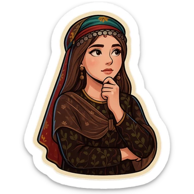Kurdish cartoon sticker of the same woman in the new dress, thinking, hand on chin, looking up, thoughtful expression, no text, transparent background sticker