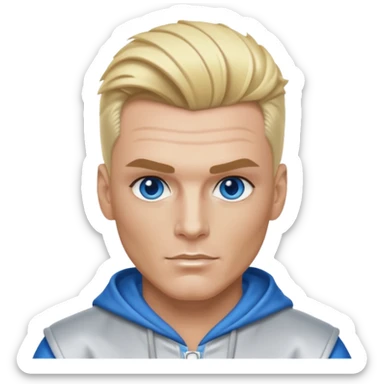 Vanilla Ice with blue eyes, blonde hair, silver outfit sticker