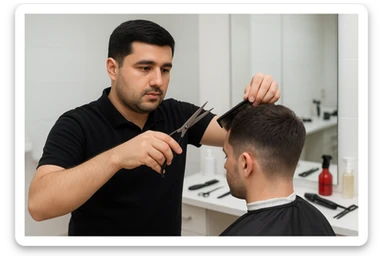 sartaroshxonada mijozlarni sochini olayotganin  tasvirlab ber juda yosh ham katta ham bo'lmasin semiz ham bo'lib ketmasin o'smirin davrini yuzi ko'rinmasin sticker