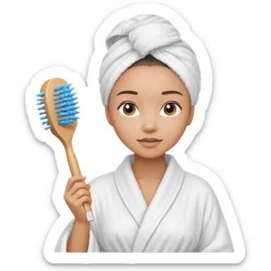 lightskin Women wearing shower robe and their hair with towel holding a brush sticker
