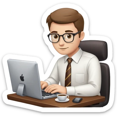white journalist man in shirt and tie, typing on a computer, coffee cup nearby sticker