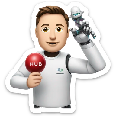 Elon musk holds a robot on his hand with the inscription digital hub sticker