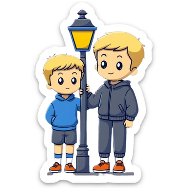 blond boy, short hair, clinging to a lamppost in very strong wind sticker