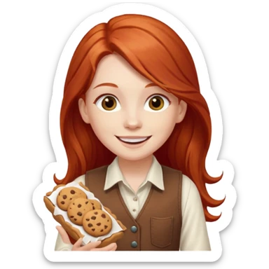 white girl scout with red long hair selling cookies with a brown vest and white shirt under vest. She should be around 10 years old sticker