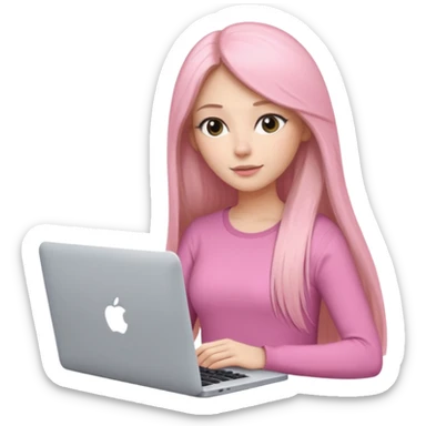 Mujer lacia peli larga y peli larga  en una MacBook rosa investigando y haciendo tareas con un libro de apuntes y con cara muy linda como modelo sticker