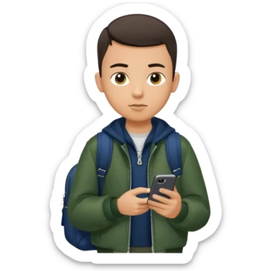a tan boy with buzzcut and drak hair dark green jacket and navy blue bag looking at his phone dark blue school bag and zip his jacket up sticker