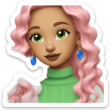 girl pink sweater pink lipstick green eyes blue earrings pink nails golden wavy long hair full body sticker