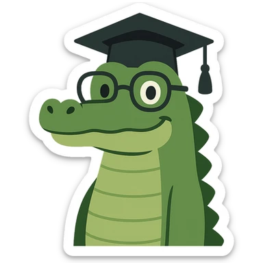 flat toon style academic alligator wearing glasses and a graduation cap, white background sticker