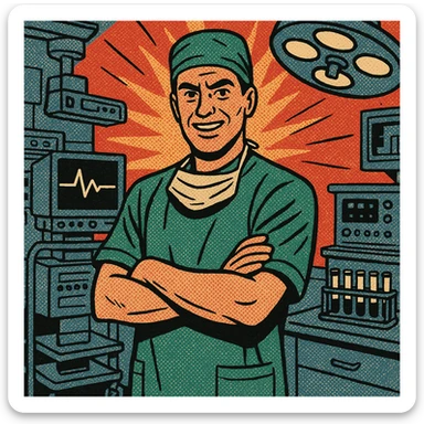 A male doctor standing in the middle of a hospital surgery room.  In the room are computers, heart monitors, a rack of test tubes and other types of medical technology. sticker
