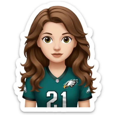 White girl with long brown wavy hair earring a Philadelphia eagles jersey sticker